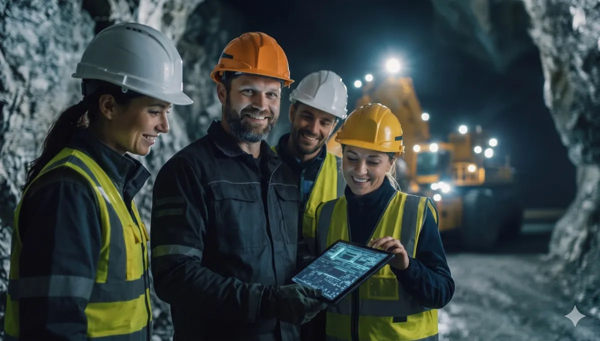 Equipo de Goldberg revisando datos de operación con una tablet en una mina subterránea